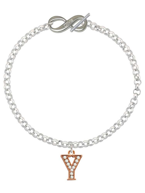 Rose Gold-tone Crystal Initial - Y - Custom Engraved Infinity Toggle Bracelet: Personalized Jewelry Gift - Names, Initials, Dates, Bible Verses
