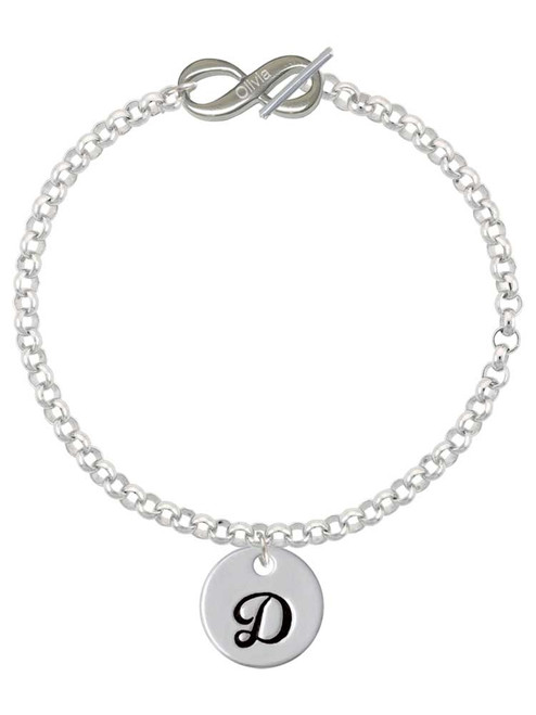 Silver Plated Large Script Letter Disc - D - Custom Engraved Infinity Toggle Bracelet: Personalized Jewelry Gift - Names, Initials, Dates, Bible Verses