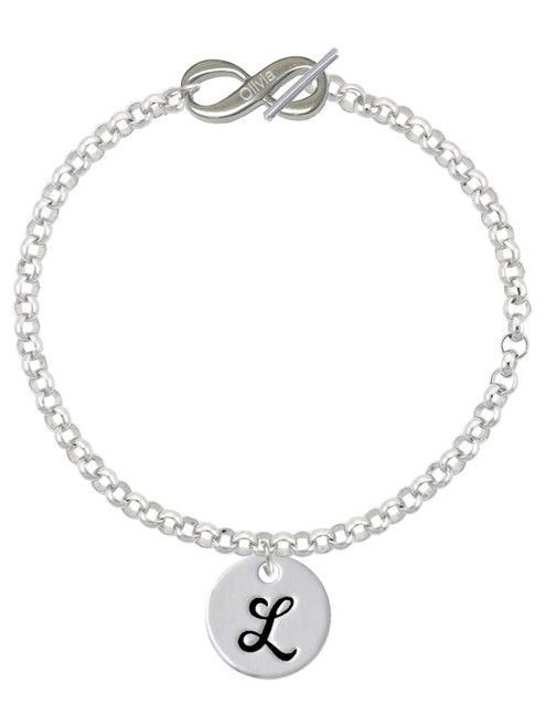 Silver Plated Large Script Letter Disc - L - Custom Engraved Infinity Toggle Bracelet: Personalized Jewelry Gift - Names, Initials, Dates, Bible Verses
