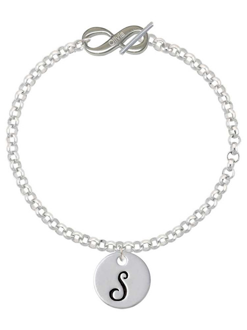 Silver Plated Large Script Letter Disc - S - Custom Engraved Infinity Toggle Bracelet: Personalized Jewelry Gift - Names, Initials, Dates, Bible Verses