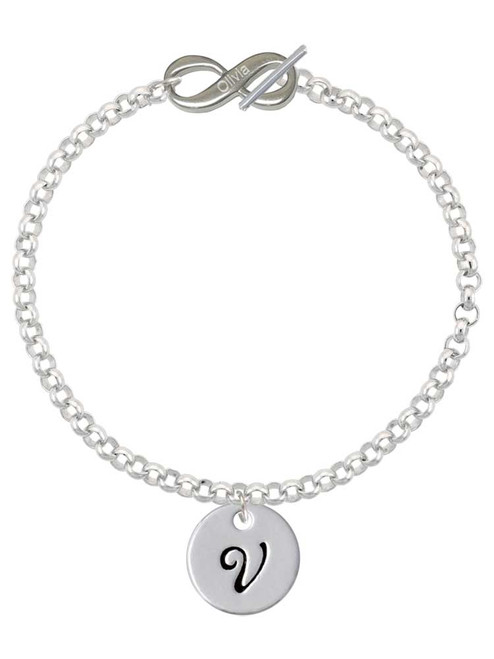 Silver Plated Large Script Letter Disc - V - Custom Engraved Infinity Toggle Bracelet: Personalized Jewelry Gift - Names, Initials, Dates, Bible Verses