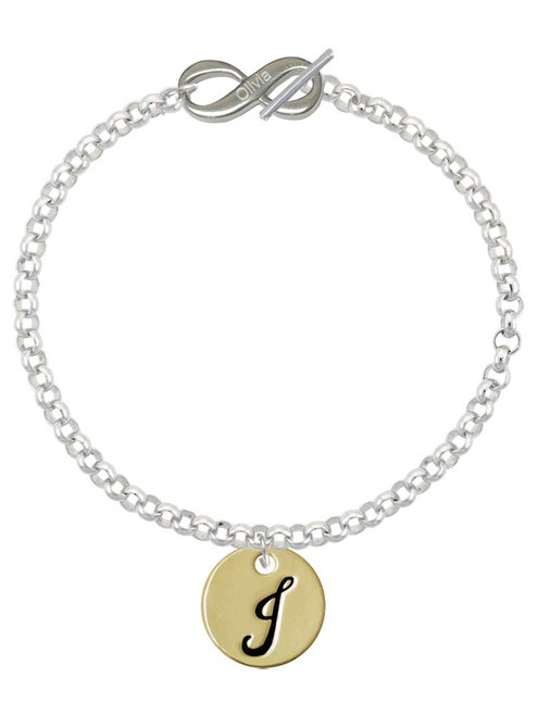 Gold-tone Large Disc Letter - J - Custom Engraved Infinity Toggle Bracelet: Personalized Jewelry Gift - Names, Initials, Dates, Bible Verses