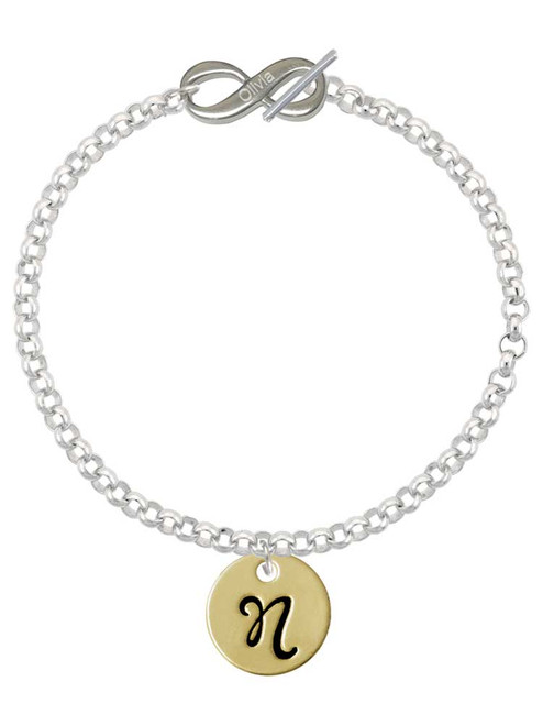 Gold-tone Large Disc Letter - N - Custom Engraved Infinity Toggle Bracelet: Personalized Jewelry Gift - Names, Initials, Dates, Bible Verses