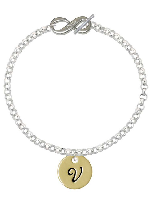 Gold-tone Large Disc Letter - V - Custom Engraved Infinity Toggle Bracelet: Personalized Jewelry Gift - Names, Initials, Dates, Bible Verses