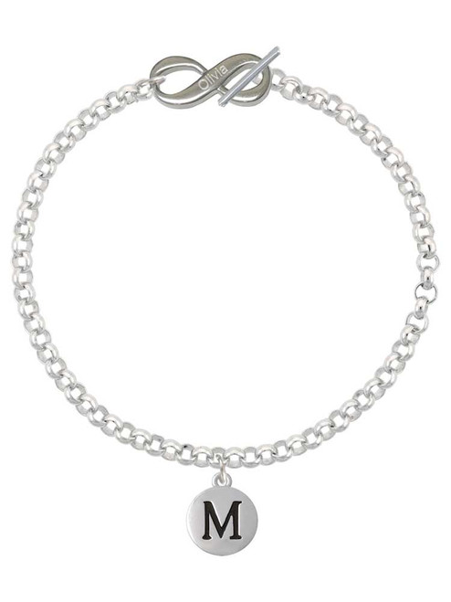 Silver Plated Capital Letter - M - Pebble Disc - Custom Engraved Infinity Toggle Bracelet: Personalized Jewelry Gift - Names, Initials, Dates, Bible Verses