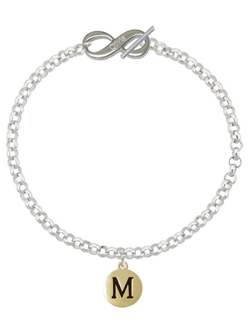Gold-tone Capital Letter - M - Pebble Disc - Custom Engraved Infinity Toggle Bracelet: Personalized Jewelry Gift - Names, Initials, Dates, Bible Verses