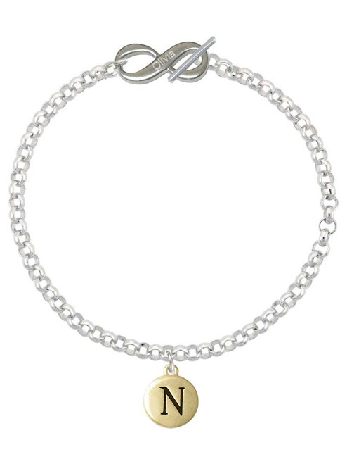 Gold-tone Capital Letter - N - Pebble Disc - Custom Engraved Infinity Toggle Bracelet: Personalized Jewelry Gift - Names, Initials, Dates, Bible Verses