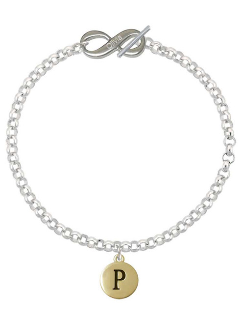 Gold-tone Capital Letter - P - Pebble Disc - Custom Engraved Infinity Toggle Bracelet: Personalized Jewelry Gift - Names, Initials, Dates, Bible Verses