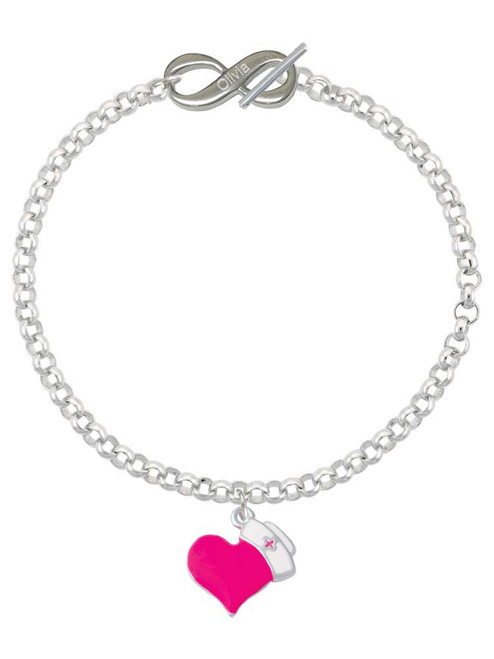 Silver Plated Hot Pink Heart with Nurse Hat - Custom Engraved Infinity Toggle Bracelet: Personalized Jewelry Gift - Names, Initials, Dates, Bible Verses