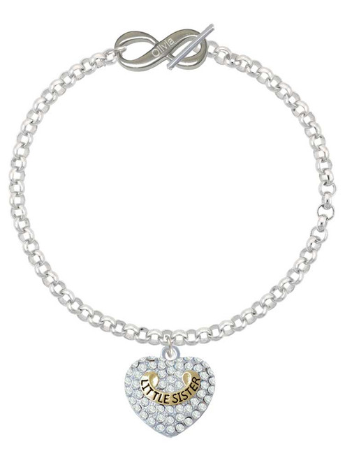 Two-tone Little Sister Rock on Clear Crystal Heart - Custom Engraved Infinity Toggle Bracelet: Personalized Jewelry Gift - Names, Initials, Dates, Bible Verses