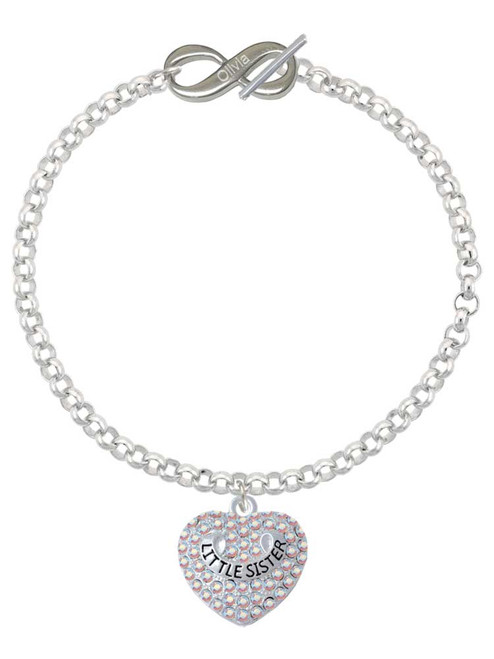 Silver Plated Little Sister on AB Crystal Heart - Custom Engraved Infinity Toggle Bracelet: Personalized Jewelry Gift - Names, Initials, Dates, Bible Verses