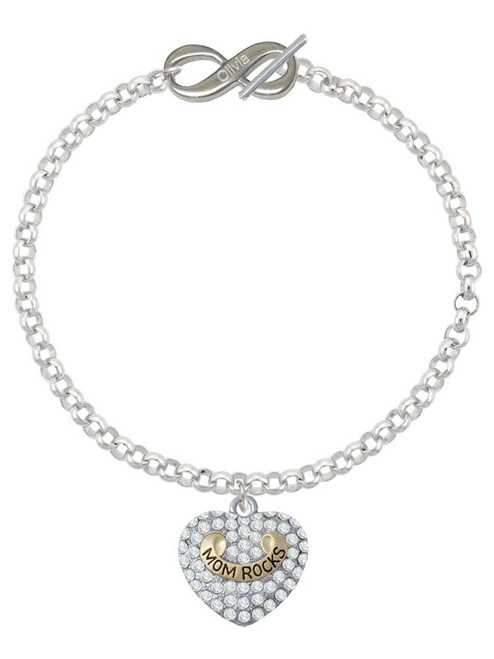 Two-tone 'Mom Rocks' on Clear Crystal Heart - Custom Engraved Infinity Toggle Bracelet: Personalized Jewelry Gift - Names, Initials, Dates, Bible Verses