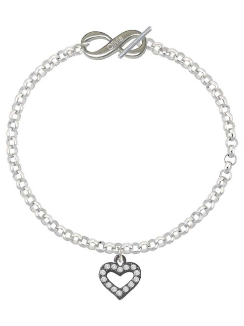 Black Nickeltone Crystal Open Heart - Custom Engraved Infinity Toggle Bracelet: Personalized Jewelry Gift - Names, Initials, Dates, Bible Verses