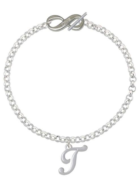 Silver Plated Small Gelato Script Initial - T - Custom Engraved Infinity Toggle Bracelet: Personalized Jewelry Gift - Names, Initials, Dates, Bible Verses