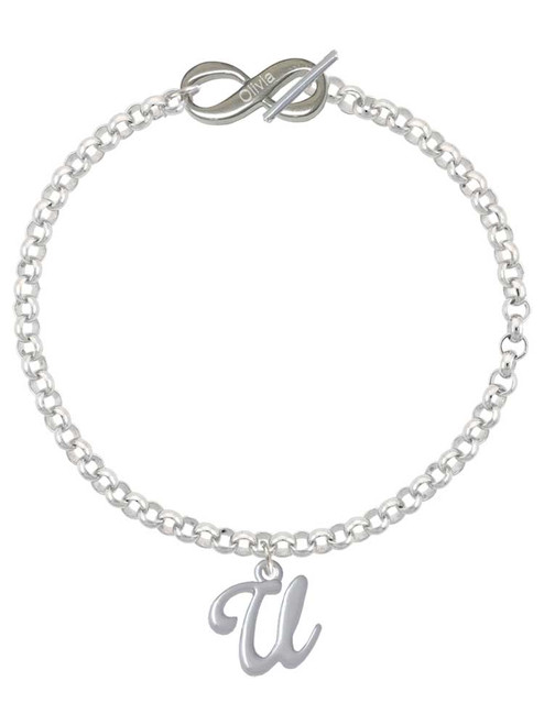 Silver Plated Small Gelato Script Initial - U - Custom Engraved Infinity Toggle Bracelet: Personalized Jewelry Gift - Names, Initials, Dates, Bible Verses