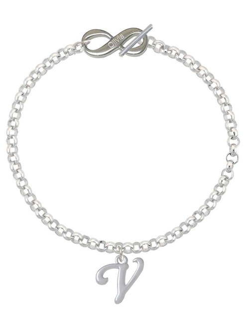 Silver Plated Small Gelato Script Initial - V - Custom Engraved Infinity Toggle Bracelet: Personalized Jewelry Gift - Names, Initials, Dates, Bible Verses