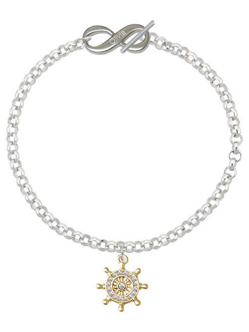 Gold-tone Crystal Ship Wheel - Direction - Custom Engraved Infinity Toggle Bracelet: Personalized Jewelry Gift - Names, Initials, Dates, Bible Verses
