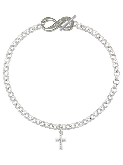 Silver Plated Small White Crystal Cross - Custom Engraved Infinity Toggle Bracelet: Personalized Jewelry Gift - Names, Initials, Dates, Bible Verses