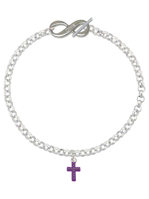 Silver Plated Small Purple Crystal Cross - Custom Engraved Infinity Toggle Bracelet: Personalized Jewelry Gift - Names, Initials, Dates, Bible Verses