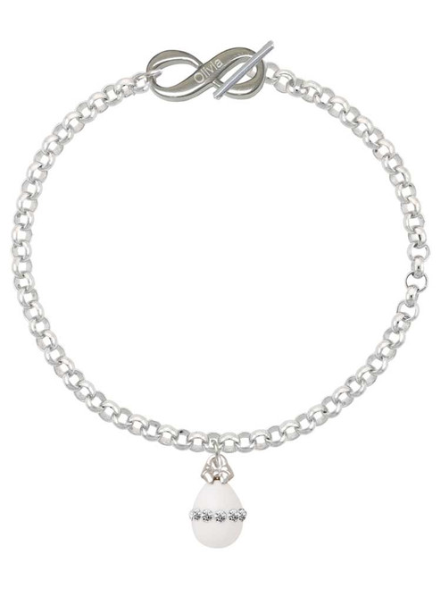 White Easter Egg with Clear Crystal Band - Custom Engraved Infinity Toggle Bracelet: Personalized Jewelry Gift - Names, Initials, Dates, Bible Verses