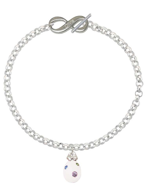 White Easter Egg with Color Crystal Dots - Custom Engraved Infinity Toggle Bracelet: Personalized Jewelry Gift - Names, Initials, Dates, Bible Verses