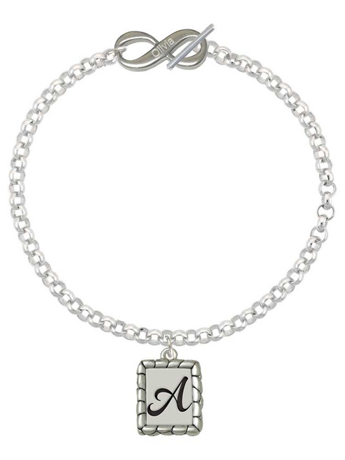 Silver Plated Pebble Border Initial - A - Custom Engraved Infinity Toggle Bracelet: Personalized Jewelry Gift - Names, Initials, Dates, Bible Verses