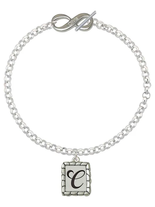Silver Plated Pebble Border Initial - C - Custom Engraved Infinity Toggle Bracelet: Personalized Jewelry Gift - Names, Initials, Dates, Bible Verses