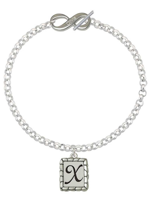 Silver Plated Pebble Border Initial - X - Custom Engraved Infinity Toggle Bracelet: Personalized Jewelry Gift - Names, Initials, Dates, Bible Verses