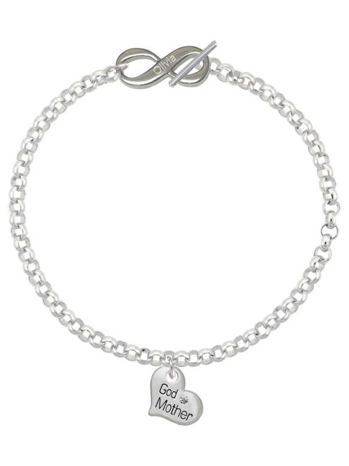 Silver Plated Small ''Godmother'' Heart with Clear Crystal - Custom Engraved Infinity Toggle Bracelet: Personalized Jewelry Gift - Names, Initials, Dates, Bible Verses