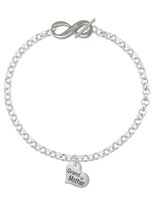Silver Plated Small ''Grandmother'' Heart with Clear Crystal - Custom Engraved Infinity Toggle Bracelet: Personalized Jewelry Gift - Names, Initials, Dates, Bible Verses