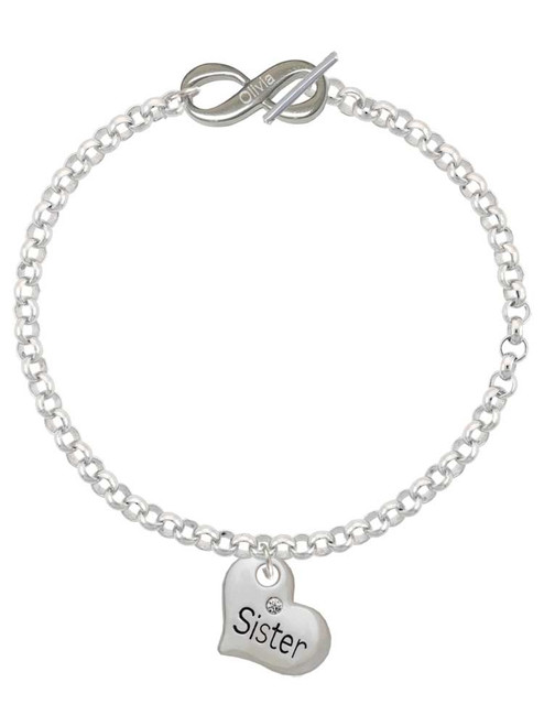 Silver Plated Large ''Sister'' Heart with Clear Crystal - Custom Engraved Infinity Toggle Bracelet: Personalized Jewelry Gift - Names, Initials, Dates, Bible Verses