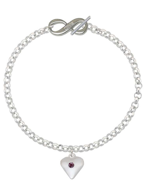 Silver Plated Large February - Purple Crystal Heart - Custom Engraved Infinity Toggle Bracelet: Personalized Jewelry Gift - Names, Initials, Dates, Bible Verses