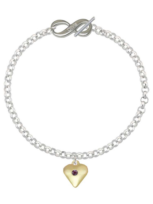 Gold-tone Large Purple Crystal Heart - Custom Engraved Infinity Toggle Bracelet: Personalized Jewelry Gift - Names, Initials, Dates, Bible Verses