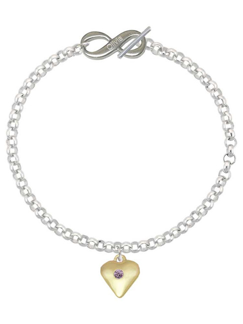 Gold-tone Large Light Purple Crystal Heart - Custom Engraved Infinity Toggle Bracelet: Personalized Jewelry Gift - Names, Initials, Dates, Bible Verses