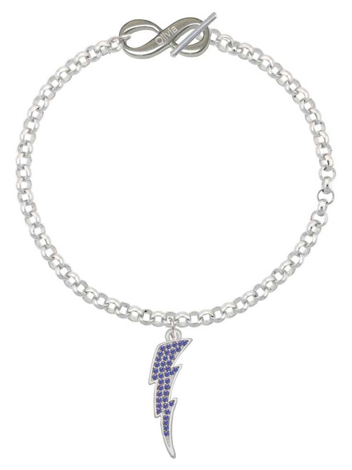 Silver Plated Large Blue Crystal Lightning Bolt - Custom Engraved Infinity Toggle Bracelet: Personalized Jewelry Gift - Names, Initials, Dates, Bible Verses