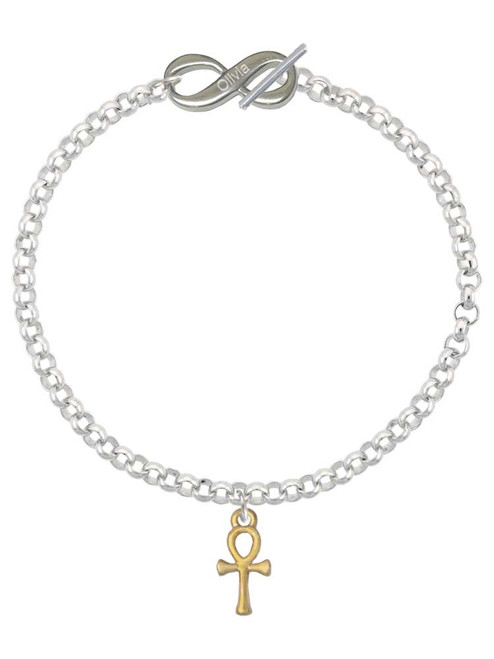 Gold-tone Small Ankh - Custom Engraved Infinity Toggle Bracelet: Personalized Jewelry Gift - Names, Initials, Dates, Bible Verses
