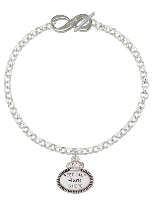 Silver Plated Keep Calm Aunt is Here - Custom Engraved Infinity Toggle Bracelet: Personalized Jewelry Gift - Names, Initials, Dates, Bible Verses