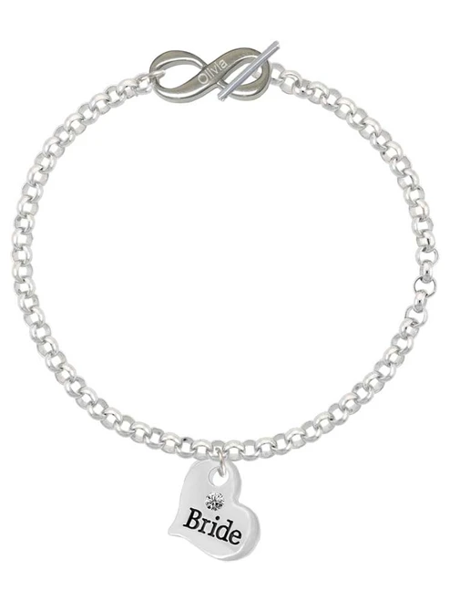 Silver Plated Large Bride Heart - Custom Engraved Infinity Toggle Bracelet: Personalized Jewelry Gift - Names, Initials, Dates, Bible Verses