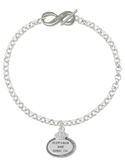 Silver Plated Keep Calm and Chive On - Custom Engraved Infinity Toggle Bracelet: Personalized Jewelry Gift - Names, Initials, Dates, Bible Verses