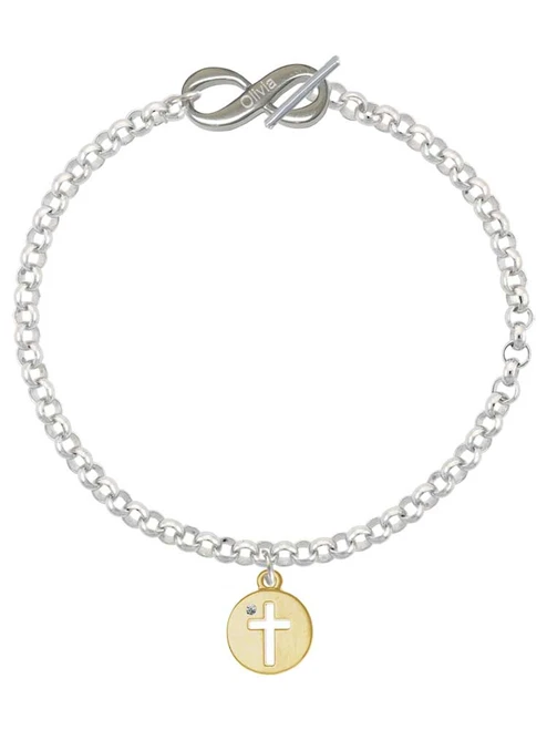 Gold-tone Cross Silhouette - Custom Engraved Infinity Toggle Bracelet: Personalized Jewelry Gift - Names, Initials, Dates, Bible Verses