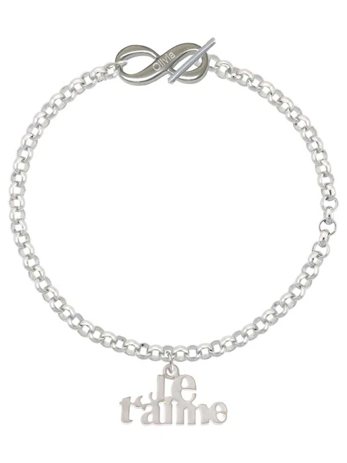 Silver Plated Large Je T'aime - Custom Engraved Infinity Toggle Bracelet: Personalized Jewelry Gift - Names, Initials, Dates, Bible Verses