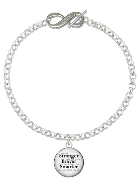 Silver Plated Domed Stronger Braver Smarter - Custom Engraved Infinity Toggle Bracelet: Personalized Jewelry Gift - Names, Initials, Dates, Bible Verses