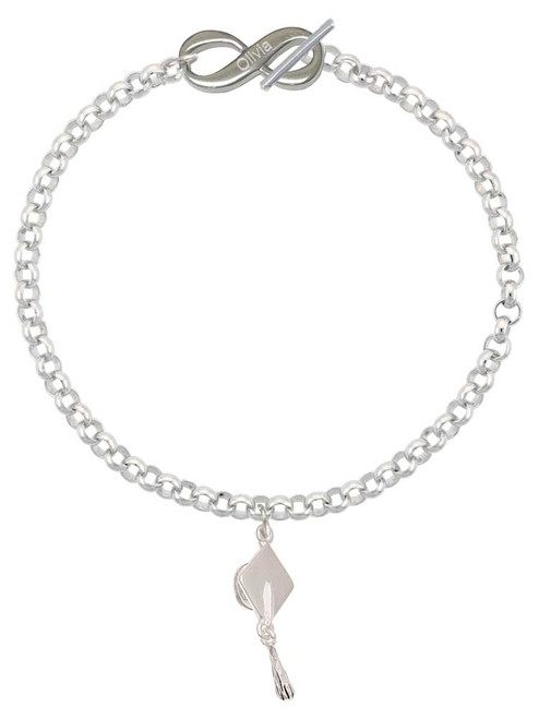 Silver Plated 3-D Graduation Hat - Custom Engraved Infinity Toggle Bracelet: Personalized Jewelry Gift - Names, Initials, Dates, Bible Verses