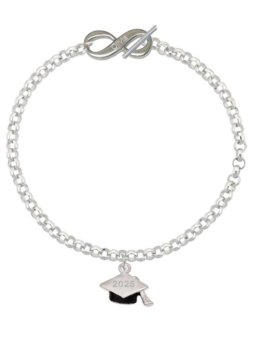 Silver Plated 3-D Graduation Hat with 2025 - Custom Engraved Infinity Toggle Bracelet: Personalized Jewelry Gift - Names, Initials, Dates, Bible Verses