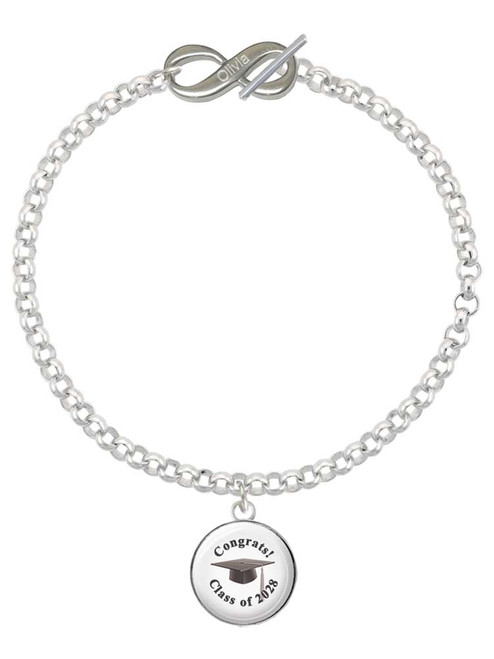 Silver Plated Domed Class of 2028 - Custom Engraved Infinity Toggle Bracelet: Personalized Jewelry Gift - Names, Initials, Dates, Bible Verses