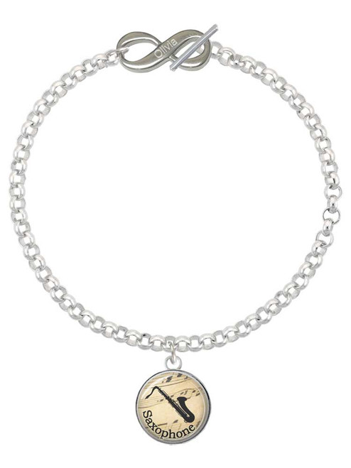 Silver Plated Domed Music - Saxophone - Custom Engraved Infinity Toggle Bracelet: Personalized Jewelry Gift - Names, Initials, Dates, Bible Verses