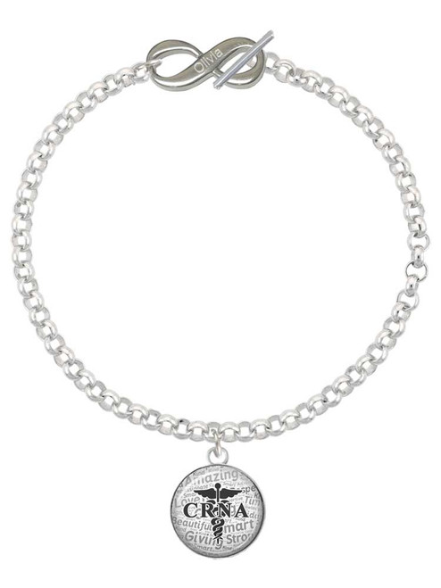 Silver Plated Domed Black CRNA - Custom Engraved Infinity Toggle Bracelet: Personalized Jewelry Gift - Names, Initials, Dates, Bible Verses