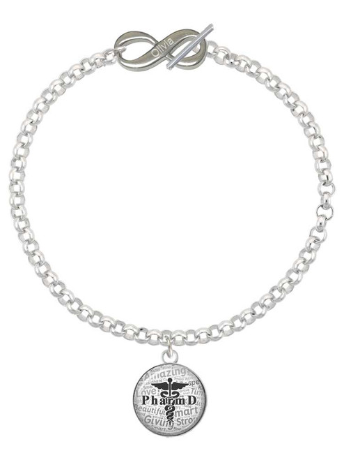 Silver Plated Domed Black PharmD - Custom Engraved Infinity Toggle Bracelet: Personalized Jewelry Gift - Names, Initials, Dates, Bible Verses