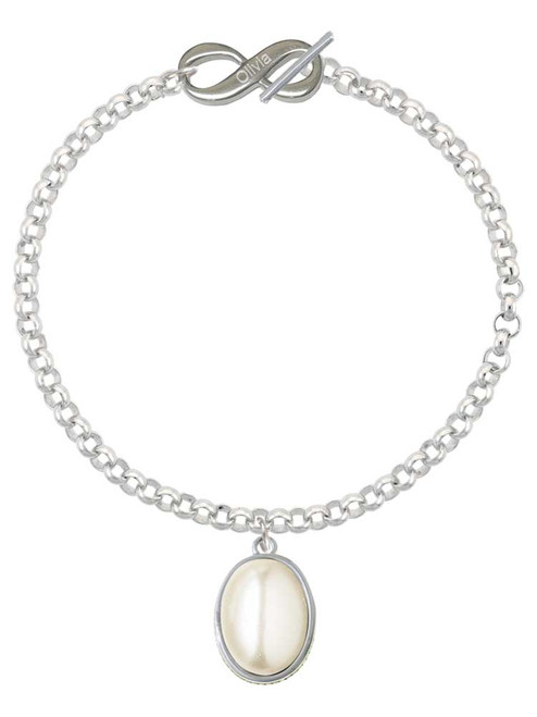 Silver Plated Small Cream Imitation Pearl - Custom Engraved Infinity Toggle Bracelet: Personalized Jewelry Gift - Names, Initials, Dates, Bible Verses
