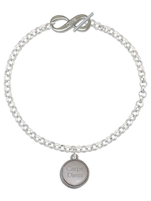 Stainless Steel Carpe Diem - Seize the Day Disc with Border - Custom Engraved Infinity Toggle Bracelet: Personalized Jewelry Gift - Names, Initials, Dates, Bible Verses